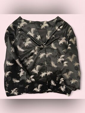 Women's Black Satin Feather-Print Kimono Top